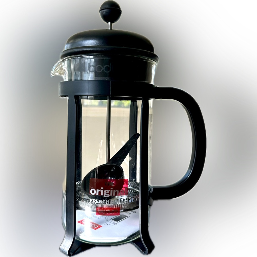 NEW BODUM ORIGINAL FRENCH PRESS CLEAR COFFEE TEA MAKER BLACK HANDLE LID & SCOOP